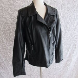 Designer Black Moto Jacket New Size 8 Dennis Basso Stitching Zippers Faux Leathe